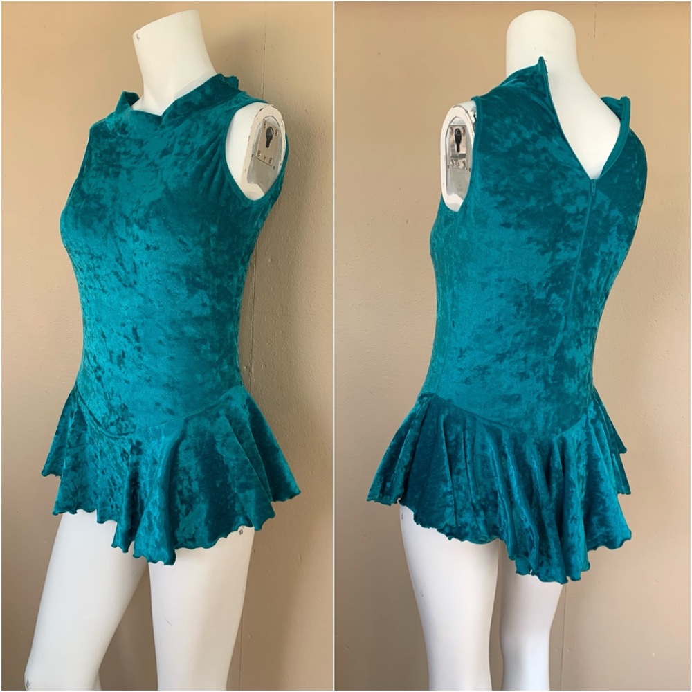 Vintage Teal Velvet Bodysuit with Peplum Hem | 90s Ice Skating Leotard
